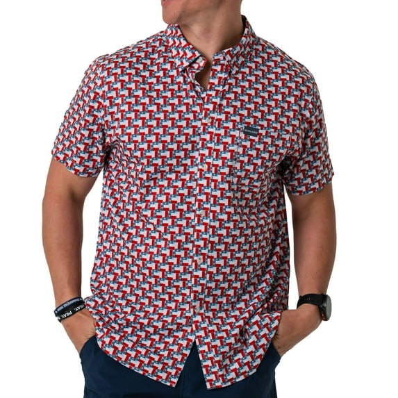 Burlebo Men's Performance Short Sleeve Button Up Shirt (Texas Flags, XX-Large)