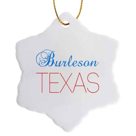 3drose, Burleson, Texas, Red, Blue Text. Patriotic Home Town Design, 3 inch Snowflake Porcelain Ornament