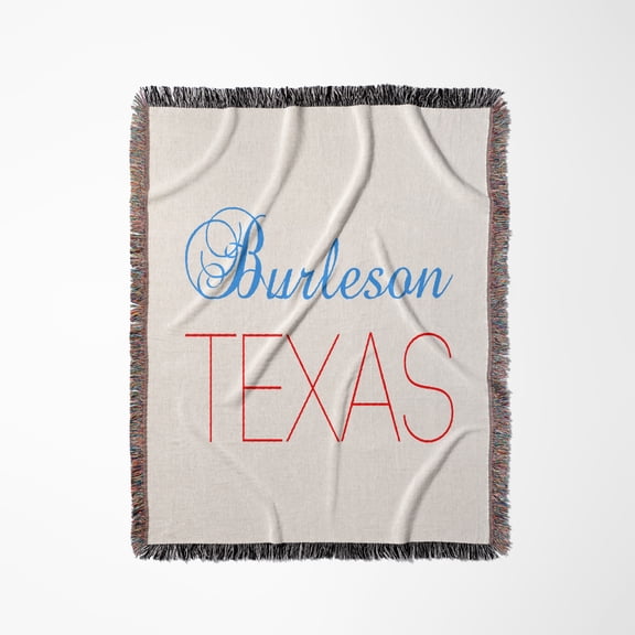Burleson, Texas, Red, Blue Text. Patriotic Home Town Design, Woven Blanket