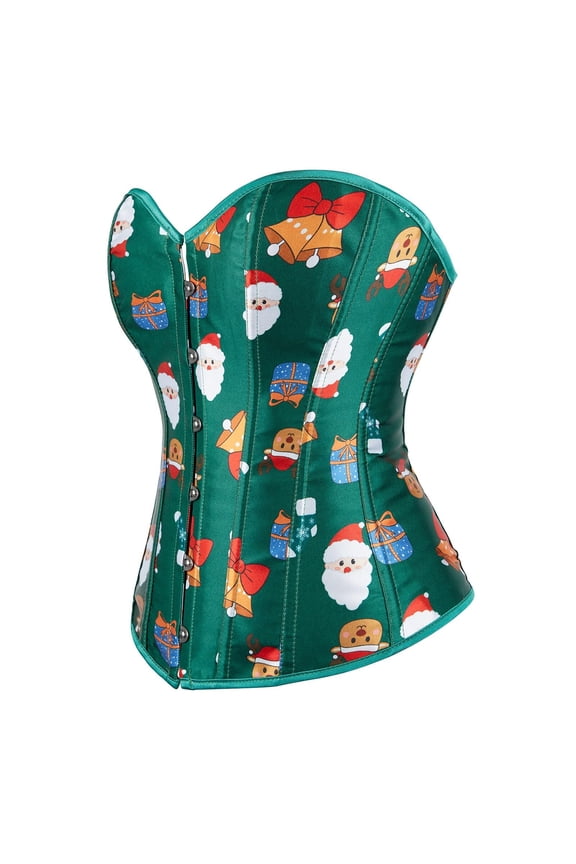 Burlesque Womens Rockabilly Christmas Print Bustier Corset Top Green 2XL