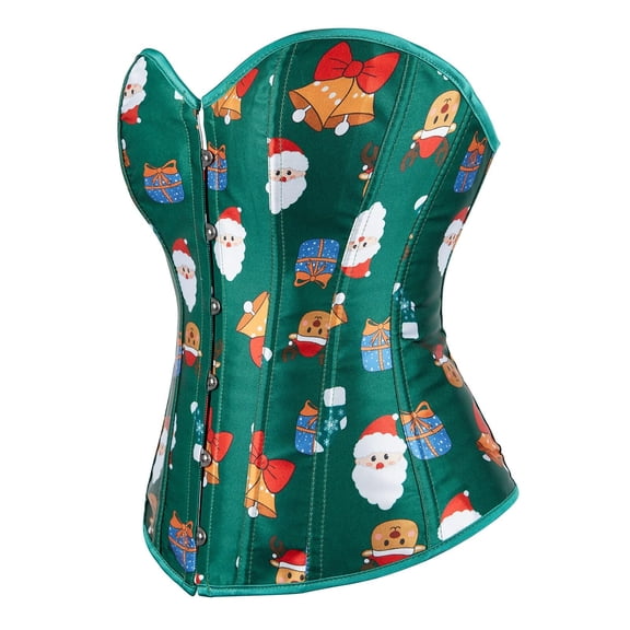 Burlesque Womens Rockabilly Christmas Print Bustier Corset Top Green XS