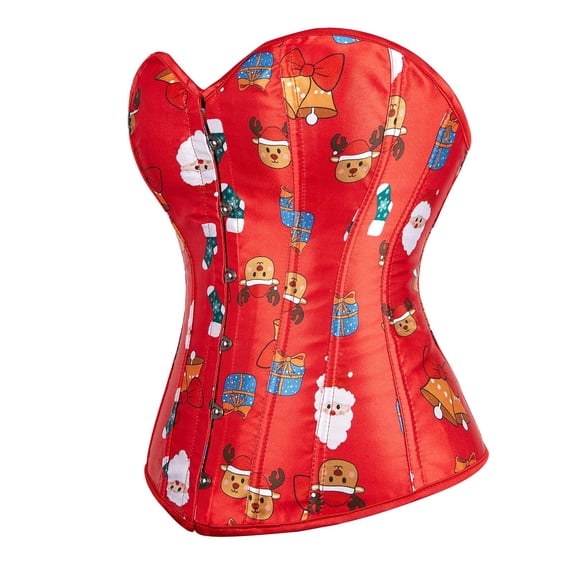 Burlesque Womens Rockabilly Christmas Print Bustier Corset Top Red XL