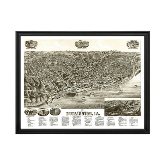 Burlington Art, 1889 Vintage Map of Burlington Iowa, IA History Wall Decor Gift, Old Burlington Map - 24" x 18" Black Framed Print