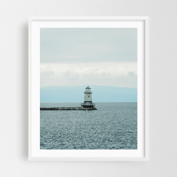 Burlington Breakwater North Lighthouse 02 - Burlington Vermont Photography Lighthouse Coast Ocean Minimalist Water Scenic Landscape White Framed Wall Art Print 6 x 8 inches