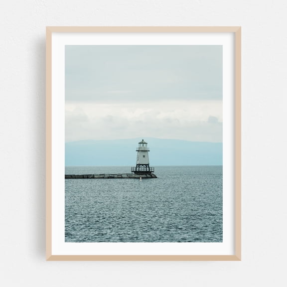 Burlington Breakwater North Lighthouse 02 - Burlington Vermont Photography Lighthouse Coast Ocean Minimalist Scenic Landscape Oak Framed Wall Art Print 11 x 14 inches