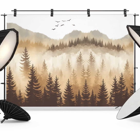 Burly Wood Trees Backdrop for Photoshoot,Photography Photo Studio Background Wall Backdrop,Forest Mountain Birds Retro Watercolor Back Drop Banner Panel for Portraits Wedding Live Streaming 8x6Ft