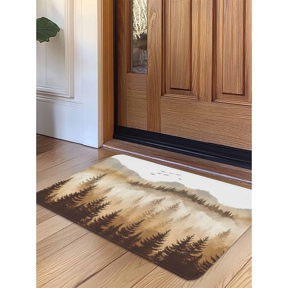 Burly Wood Trees Door Mat&nbsp;Indoor Outdoor Entrance,Non Slip Small Rug for Kitchen Bathroom Entryway Rug,Forest Mountain Birds Retro Watercolor Washable Doormat Floor Mat 16x24 Inch