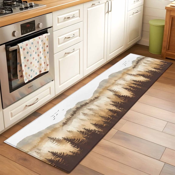 Burly Wood Trees Runner Rug 2x6 FT, Non Slip Hallway Carpet, Forest Mountain Birds Retro Watercolor Washable Soft Floor Carpet Throw Runner Carpet Long Rug for Entryway Kitchen