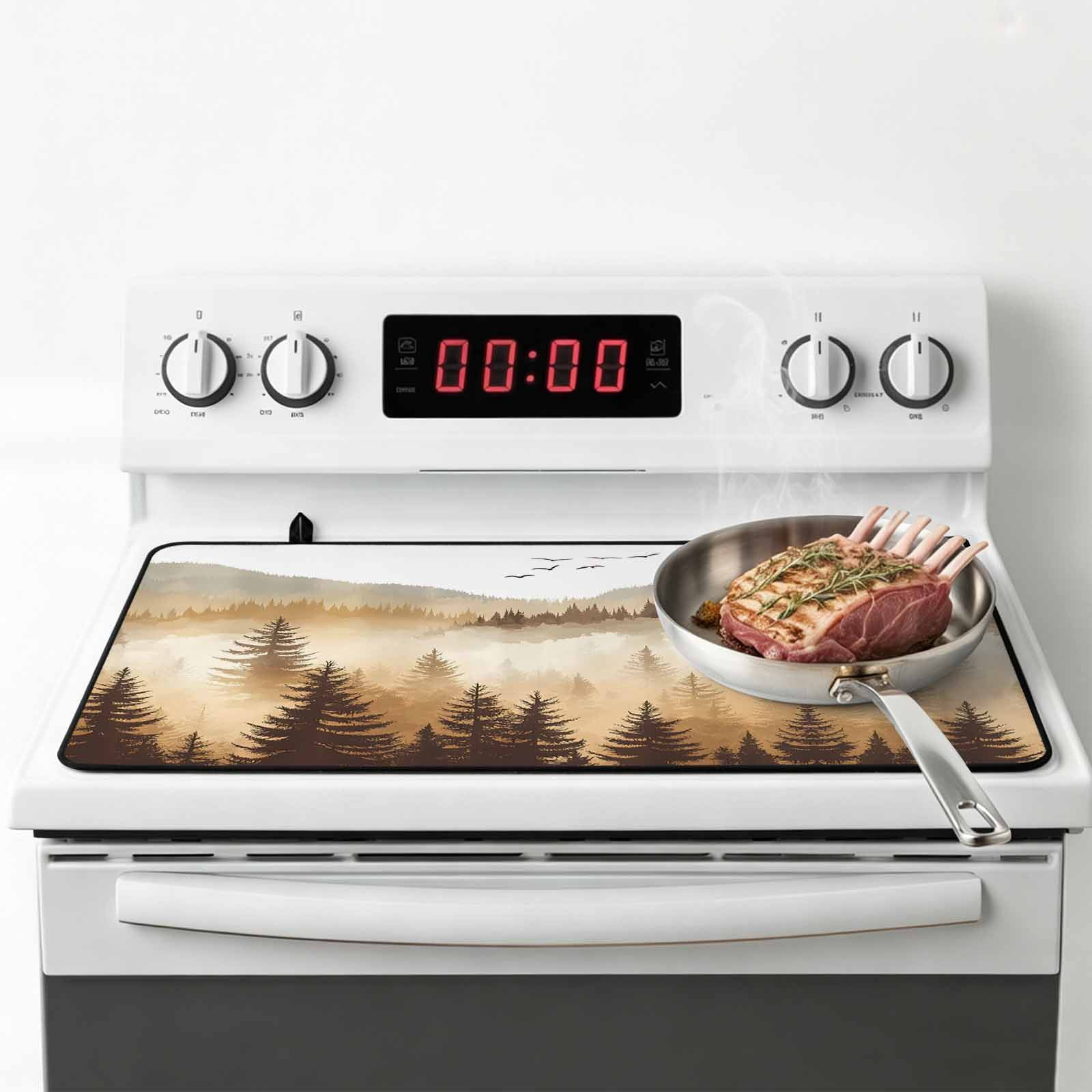 Burly Wood Trees Stove Top Cover for Electric Stove, Heat-proof & Non Slip Glass Top Stove Cover Protector, Forest Mountain Birds Retro Watercolor Kitchen Flat Cooktop Rubber Mat 24x21 Inches