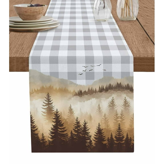 Burly Wood Trees Table Runner 36 Inches, Forest Mountain Birds Retro Watercolor Bed Runner Dresser Scarves Tabletop for Indoor Outdoor Parties/Ceremony/Banquet, 13"x 36"