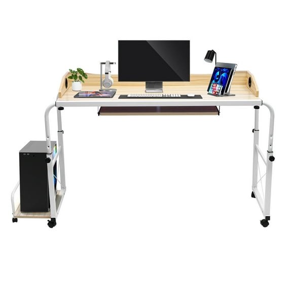 Burlywood Over bed Table Desk Rolling Height Adjustable Laptop Computer Desk Cart for Home