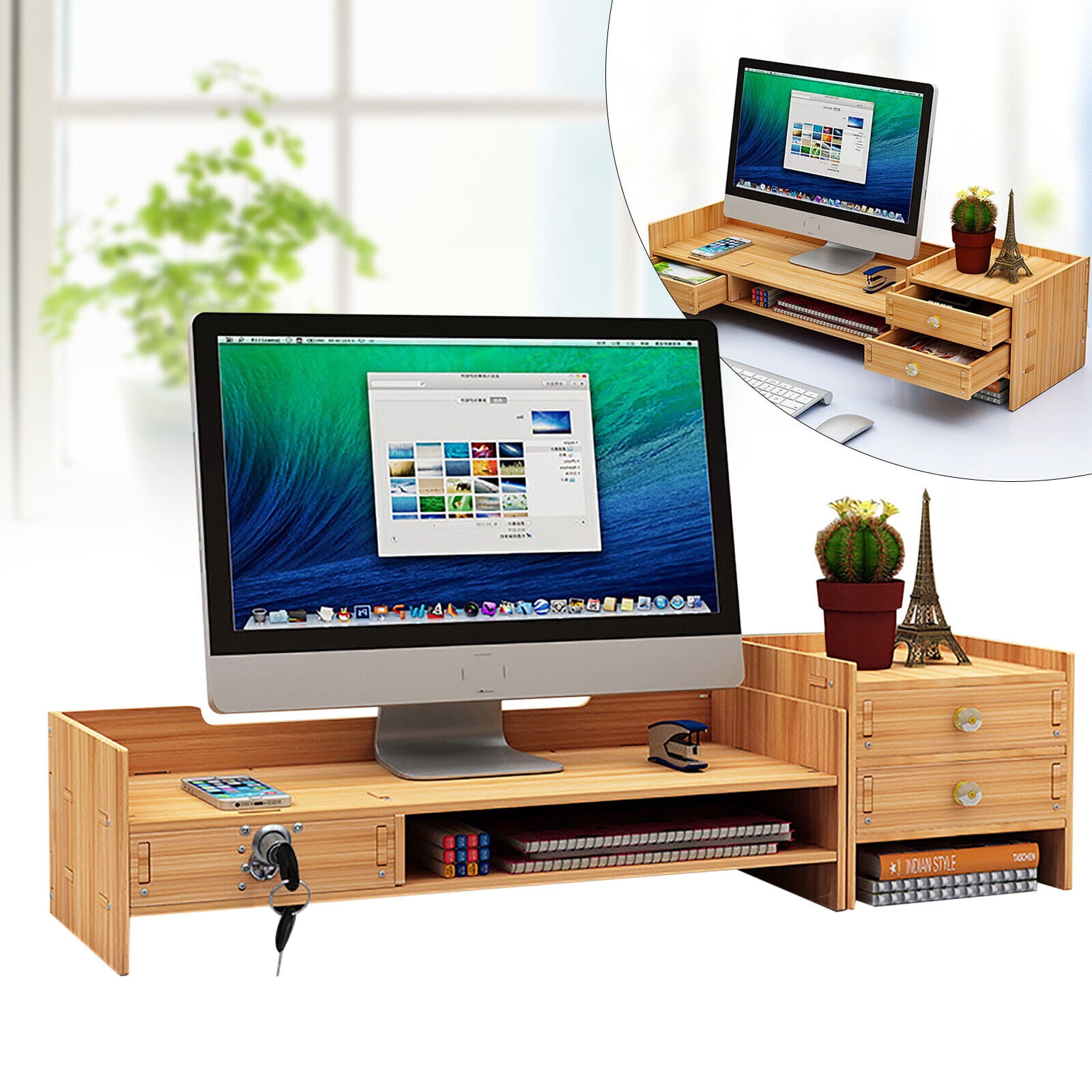 Burlywood Wood Desk Organizer Stand Desktop Computer Monitor Laptop