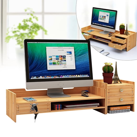 Burlywood Wood Desk Organizer Stand Desktop Computer Monitor Laptop Storage Rack
