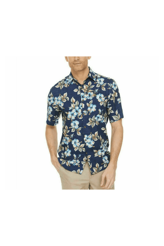 Men’s Short Sleeve Woven Shirt,Blue Flower,L