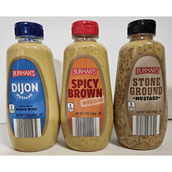 Burmans Dijon & Spicy Brown & Stone Ground Mustard 12oz 340g (3 Bottles)