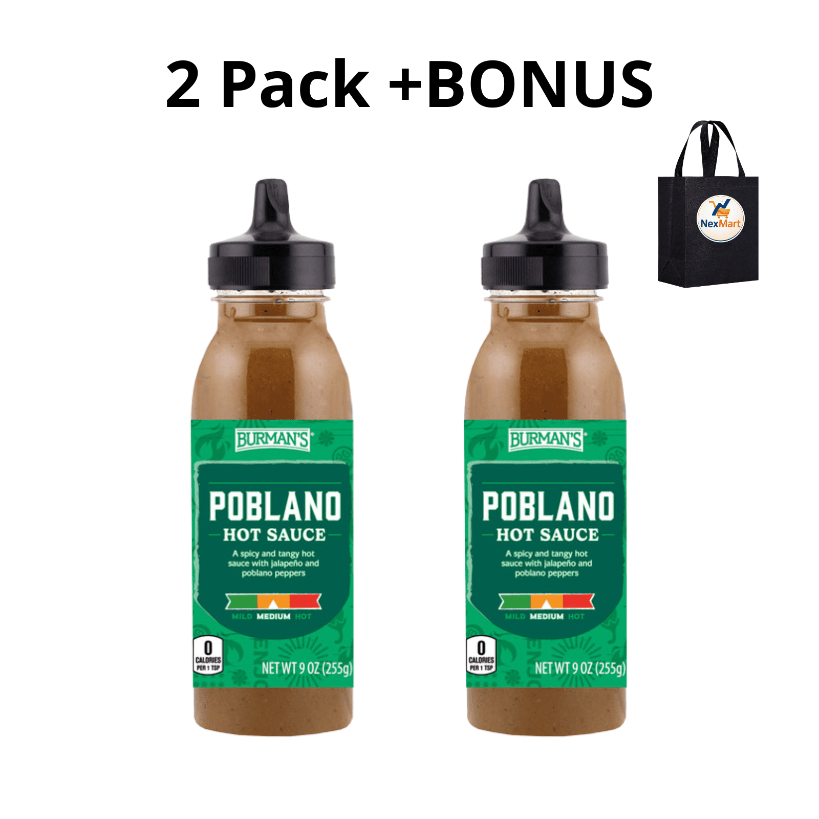 Burman's Poblano Hot Sauce 9 oz , 2 Pack + Bonus