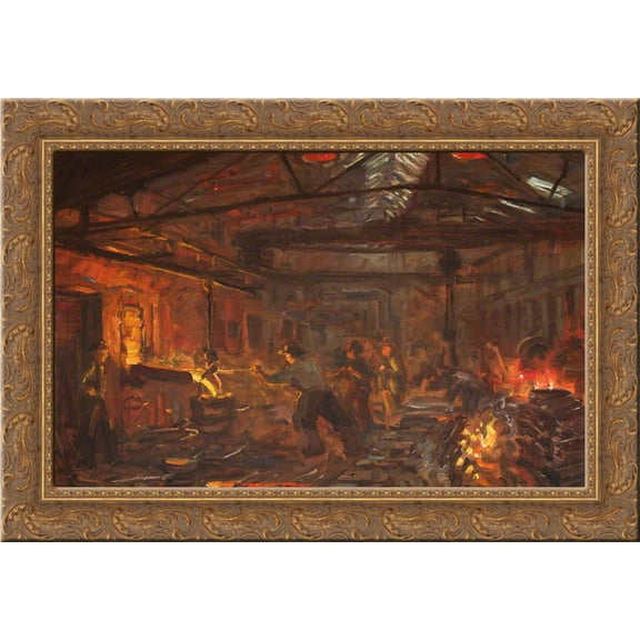 Burmeister and Wain Iron Foundry 24x18 Gold Ornate Wood Framed Canvas Art by Peder Severin Kroyer