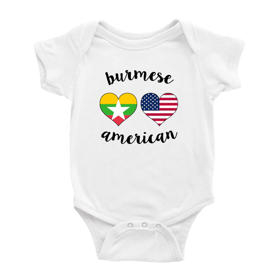 Burmese American Flag Two Hearts Cute Baby Clothes For Boy Girl (White, 12-18 Months)