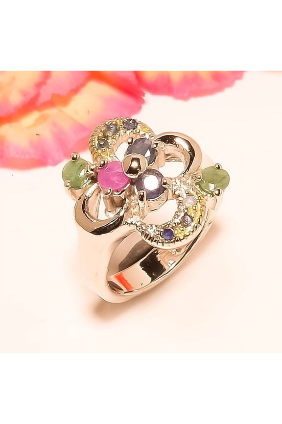 Burmese Blue Sapphire & Ruby (Simulated) 925 Sterling Silver Ring s.6.5 T99, Gemstone Silver Jewelry, New Year Sale, Valentin's Day Gift