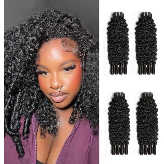 Burmese Curly Human Hair 4 count 14 Inch Wet and Wavy Hair Bundle Quick Weave for Women Water Wave with Spiral Curly End 3C4A Human Hair Extensions Black