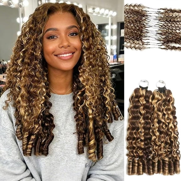 Burmese Curly Ombre Brown with Blonde Feather Crochet Human Hair 50G 50 Strands Pre-Separated Invisible Micro Pre Looped Crochet Human Hair 18 Inch