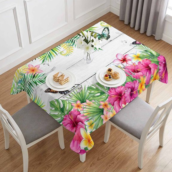 Burmese Gardenia Flower Butterflies Table Cloth 60x84in, Waterproof Rectangle Tablecloth Wipeable Tablecloths Purple Floral Art Table Covers for Dining Tables Party Indoor Outdoor
