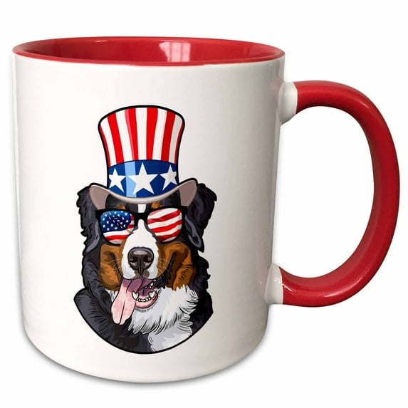 3drose, Burmese Mountain Dog with American Flag Sunglasses and Top Hat, 11oz Two-tone Red Mug