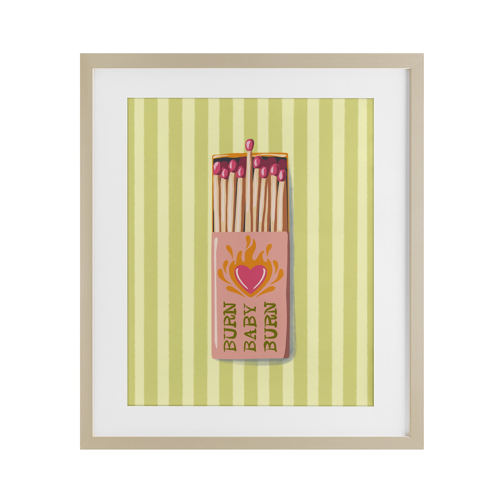 Burn Baby Matches Birch Framed Print Under Glass, design by Elyse Anastacia