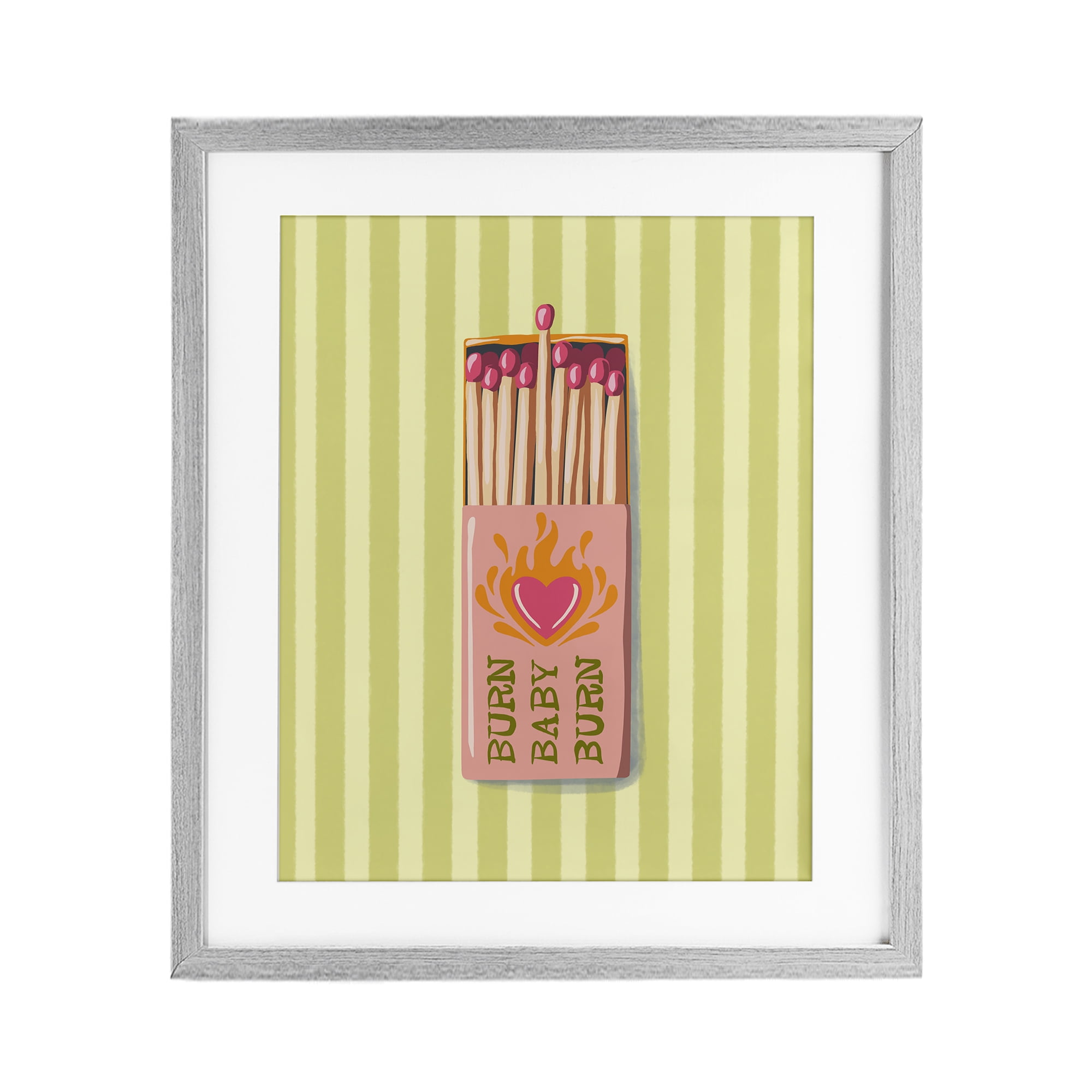 Burn Baby Matches Gray Framed Print Under Glass, design by Elyse Anastacia