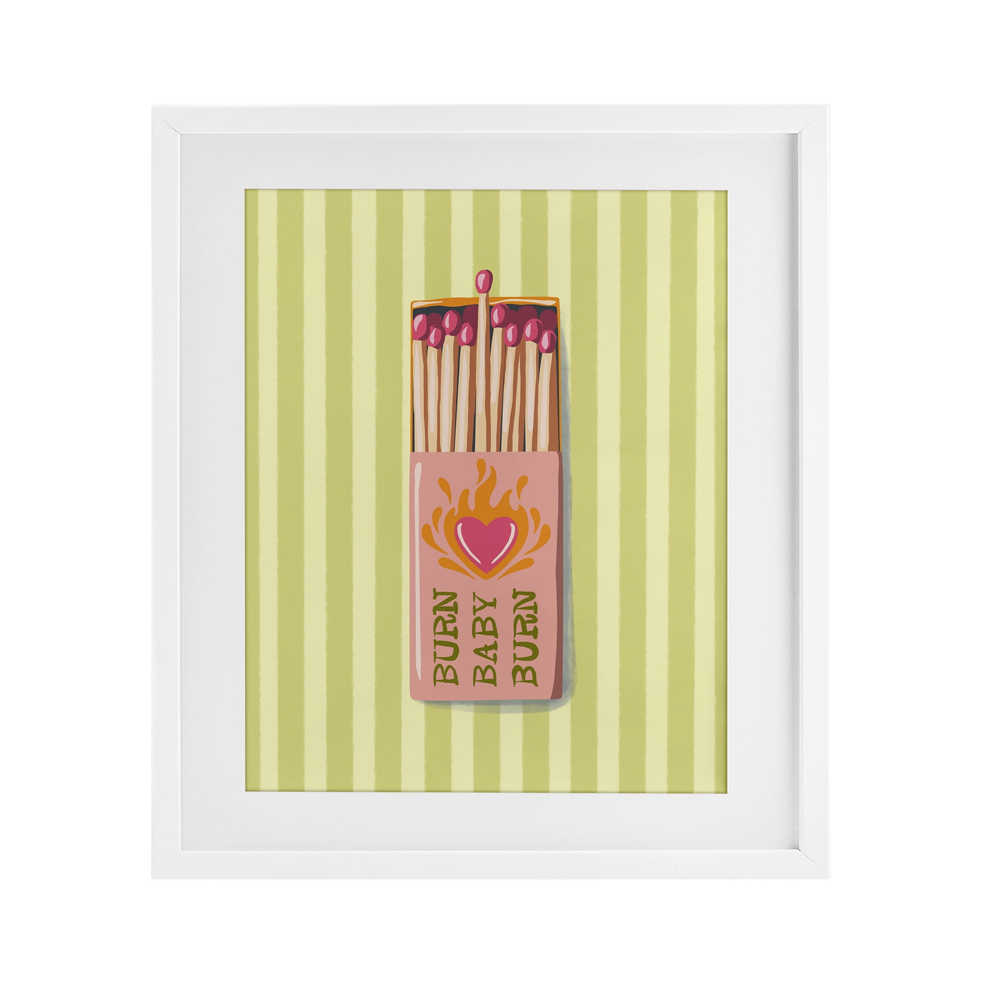 Burn Baby Matches White Framed Print Under Glass, design by Elyse Anastacia