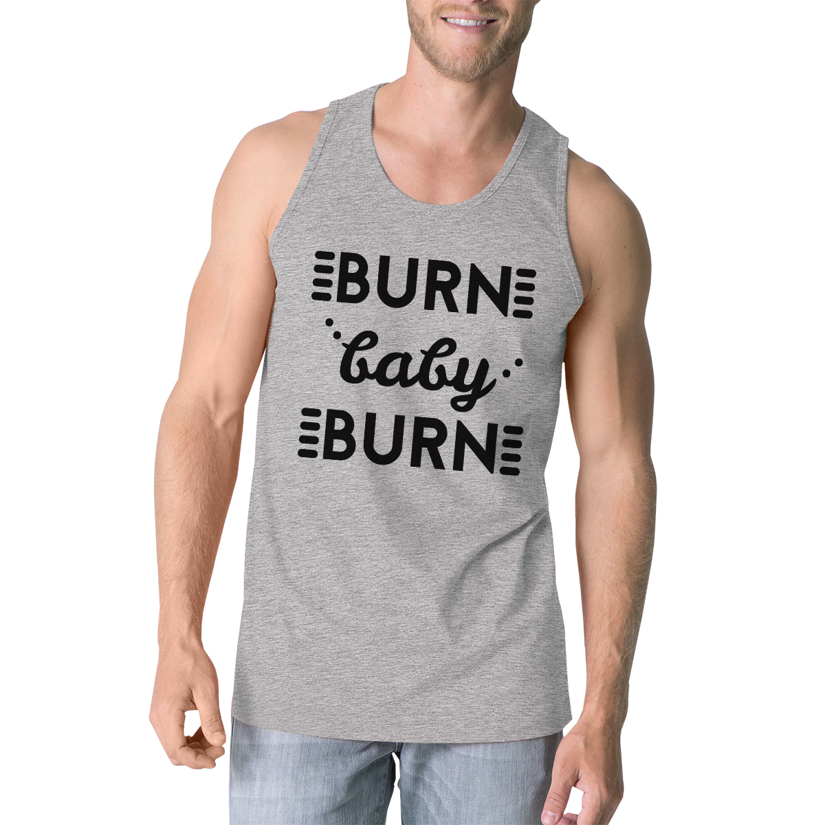Burn Baby Mens Grey Funny Graphic Work Out Tank Top Funny Gym Gift - image 1 of 4