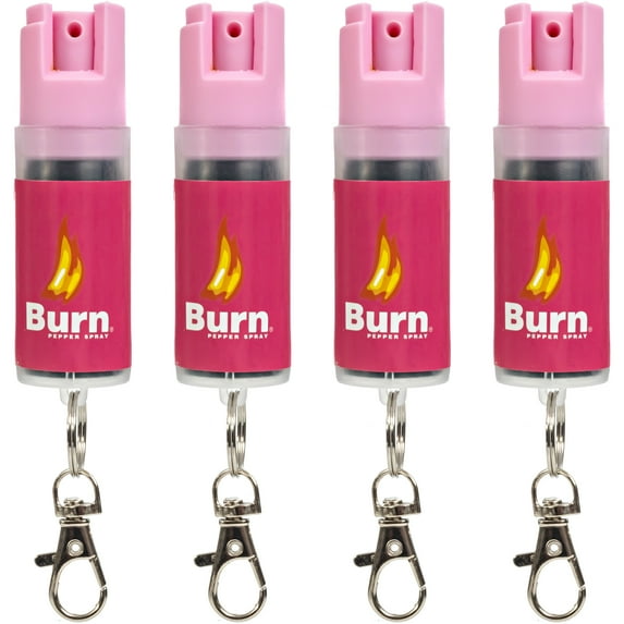 Burn Pepper Spray - Max Strength - 1/2oz in Key Ring Clip Canister - Pink 4 Pack