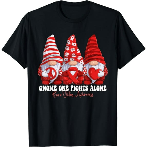 Burn Victims Awareness Month Red Ribbon Gnomies Support T-Shirt