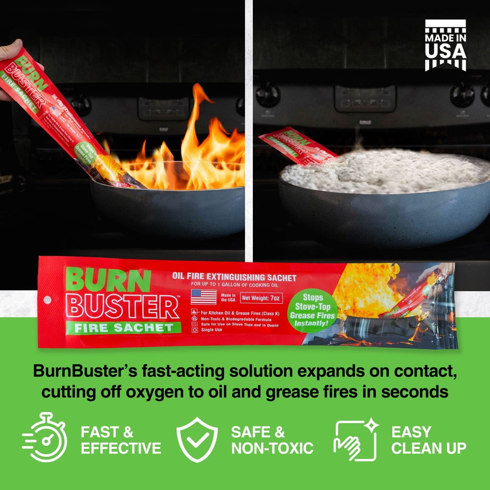 BurnBuster Fire Extinguisher Drop In Packet for Kitchen cooking oil and grease fires, extinguishes up to 1 Gallon of oil, Made in USA, Class K, Residential, 7 oz, 1 Pack