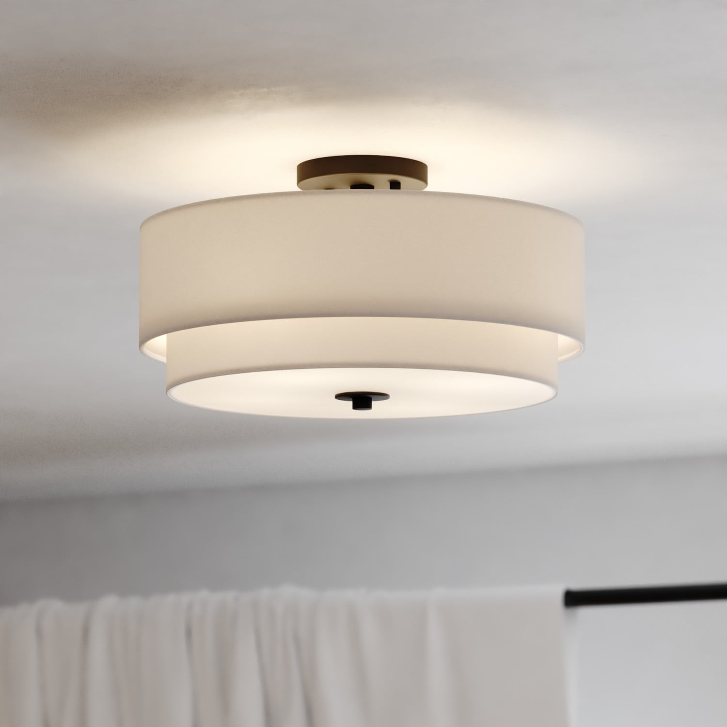Burnaby 16" Black and White Linen Drum Semi Flush Mount Ceiling Light
