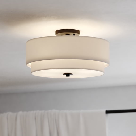 Burnaby 16-in W Black Mid-Century Modern Semi Flush Mount Ceiling Light White Linen Drum Shade