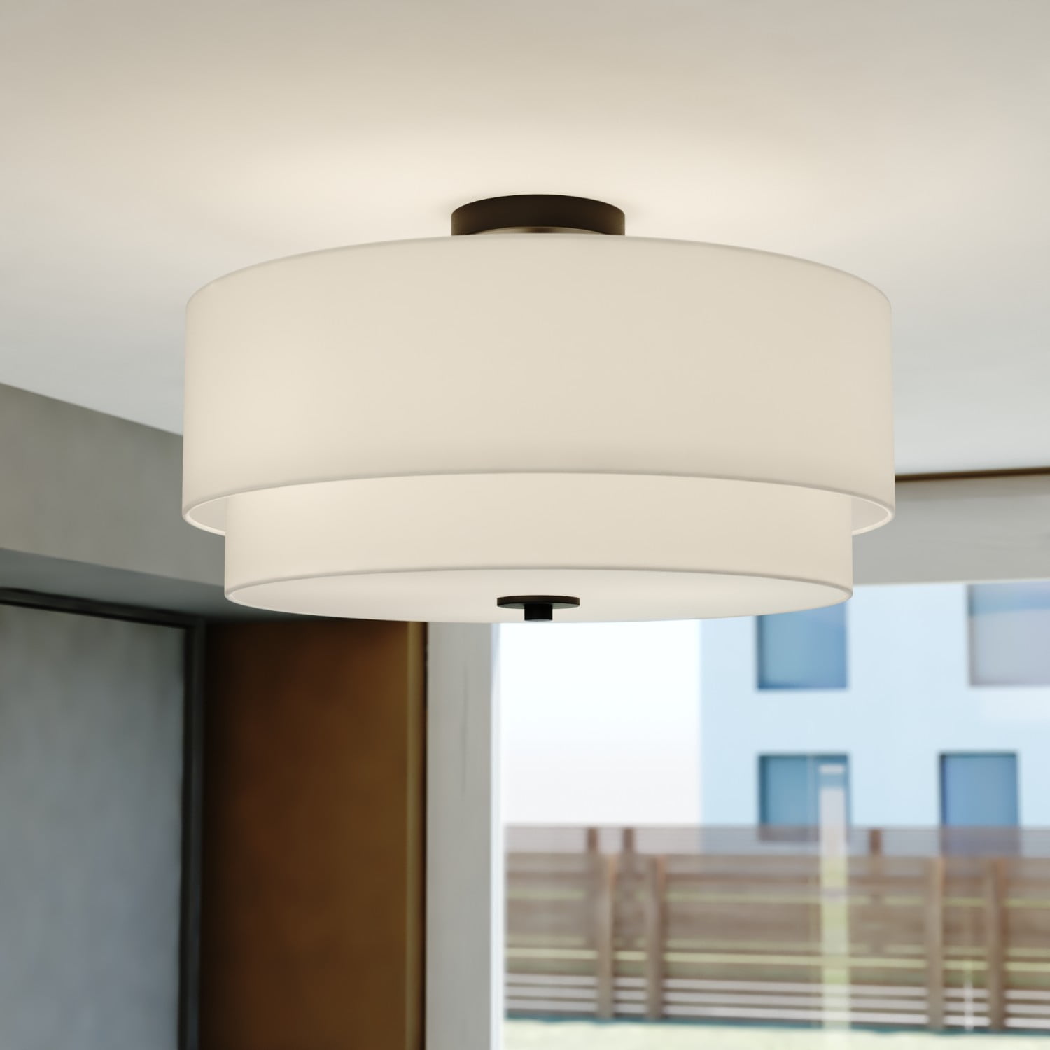 Burnaby Mid-Century 20.5" Black and White Linen Drum Ceiling Light