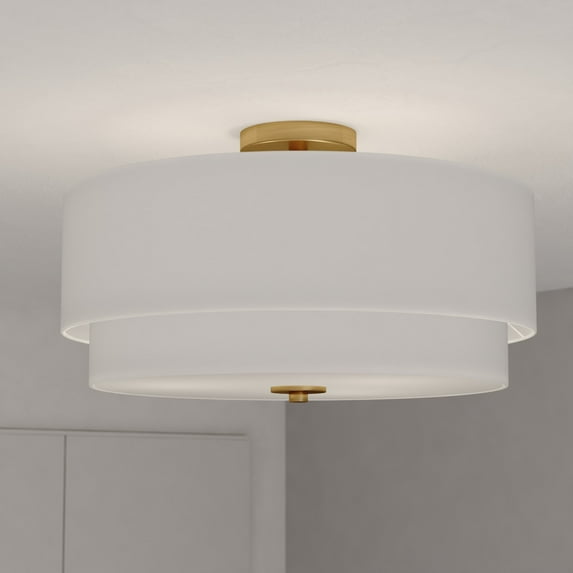 Burnaby 20.5-in W Brass Mid-Century Modern Drum Semi Flush Mount Ceiling Light White Linen