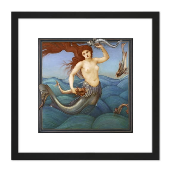 Burne Jones Sea Nymph Mermaid Fish Painting 8X8 Inch Square Wooden Framed Wall Art Print Picture with Mount