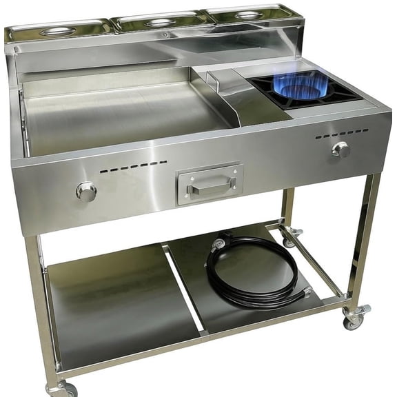 Burner Stove and Flat Top Griddle Cart | 20 Stainless Steel Griddle | 30,000 BTU Cast Iron Burner Stove | Outdoor Propane | Portable 4 Wheel | 3 Condiment Container Pans | Commercial & Home Use
