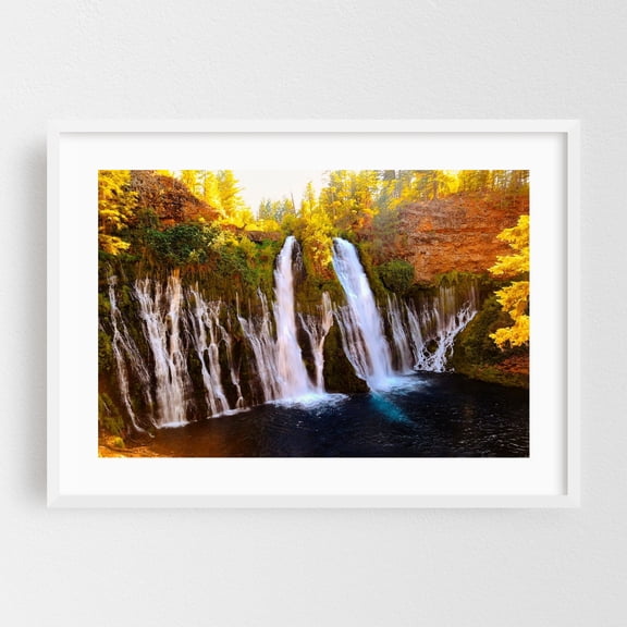 Burney Falls - California Photography Waterfall Nature Scenic Autumn Forest Landscape Wilderness White Framed Wall Art Print 24 x 36 inches