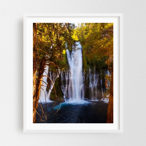 Burney Falls - California Photography Waterfall Nature Scenic Forest Landscape Woods Autumn White Framed Wall Art Print 12 x 16 inches