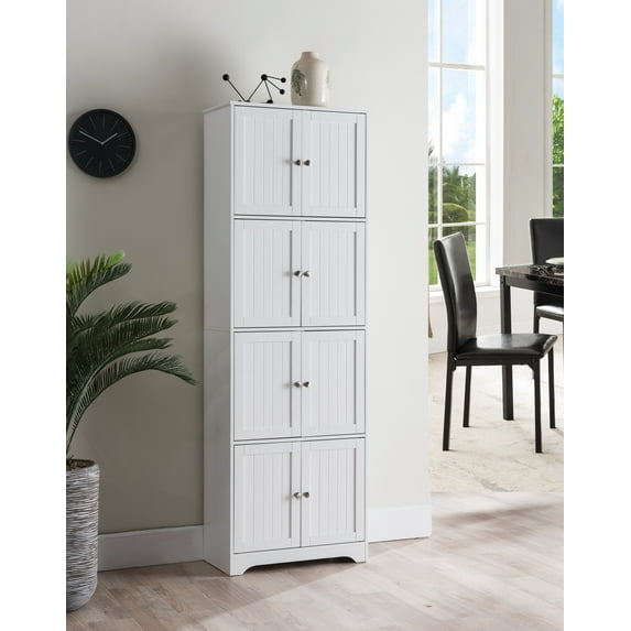 Burnham 4 Tier Contemporary Kitchen Pantry Storage Cabinet, White Wood