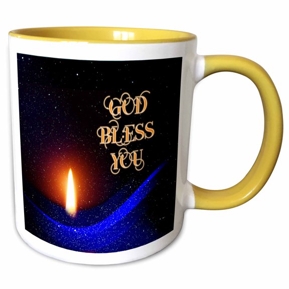 3drose, Burning Candle in the Space. White Sparks or Stars. God Bless You, 15oz Two-tone Yellow Mug