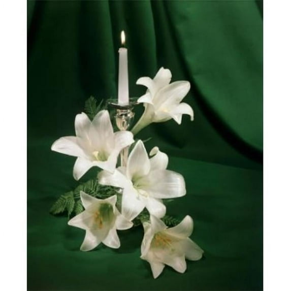 Burning Candle Near Easter Lily Flowers Poster Print - 18 x 24 in.