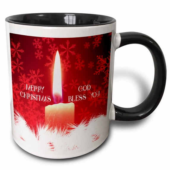 3drose, Burning Candle, Red Snowflakes. Merry Christmas. God Bless You Text, 11oz Two-tone Black Mug