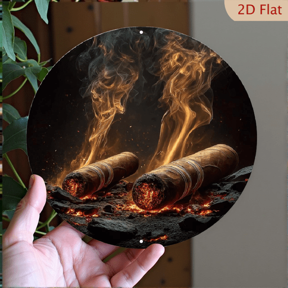 Burning Cigars with Smoke & Embers Round Aluminum Sign - Man Cave Wall Decor, 1pc, 8" Wall Art Metal Sign, For Door, Office, Cafe, Bedroom, Room, Home, Garage, Ideal Gift, Weather Resistant, 2D Flat