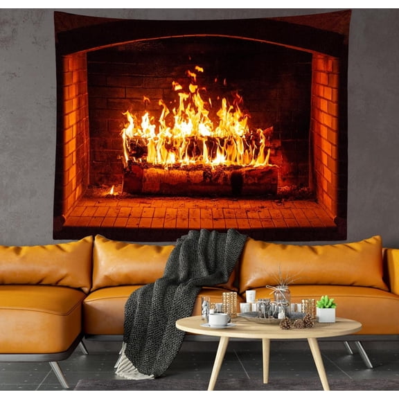 Burning Fireplace Tapestry Christmas Fireplace Firewood Flaming Wall Hanging Outdoor Camping Holiday Travel Wall Hanging Xmas Holiday Living Room Bedroom Dorm Home Decor