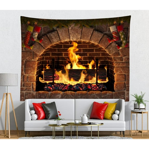 Burning Fireplace Tapestry Christmas Fireplace Firewood Flaming Wall Hanging Outdoor Camping Holiday Travel Wall Hanging Xmas Holiday Living Room Bedroom Dorm Home Decor
