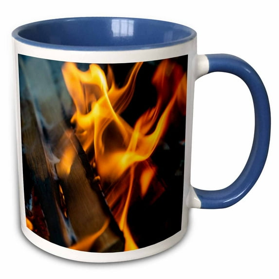 3drose, Burning Firewood in a Campfire. Orange Fire, Flame. Adventure Begins, 15oz Two-tone Blue Mug